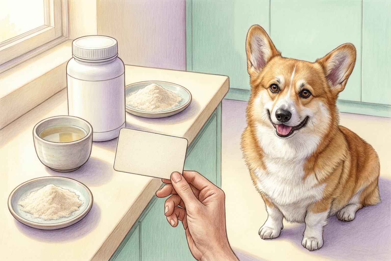 Corgi beside a kitchen counter with a closed plain supplement jar, dishes of pale powder, and a cup of clear broth.