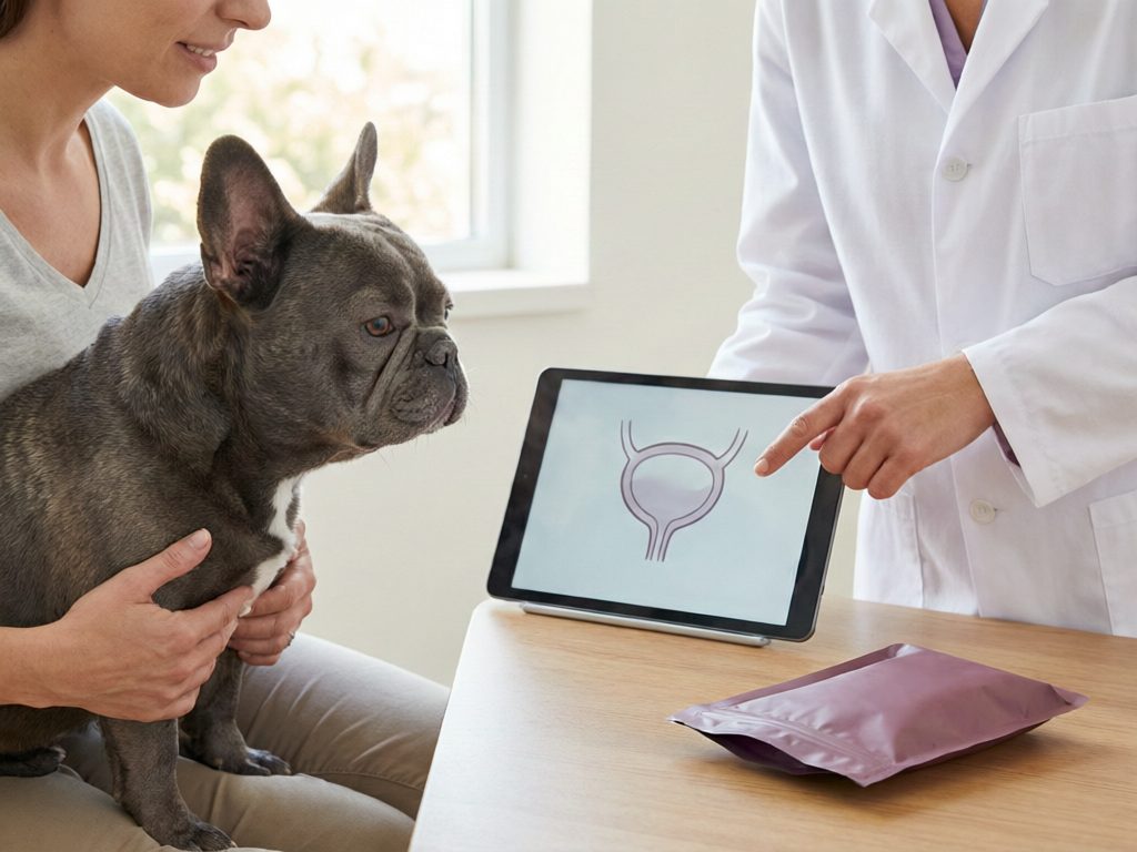 Veterinarian pointing to a bladder diagram on a tablet while an owner holds a gray French bulldog.
