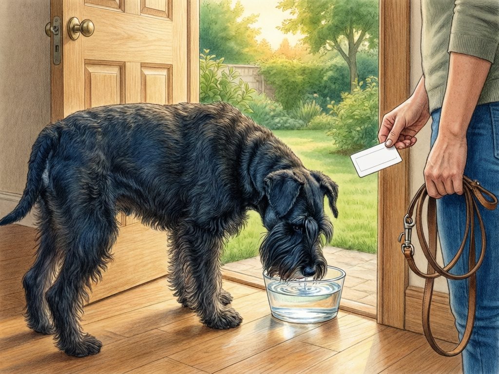 Illustration of a black schnauzer drinking water at an open doorway beside an owner holding a leash and card.