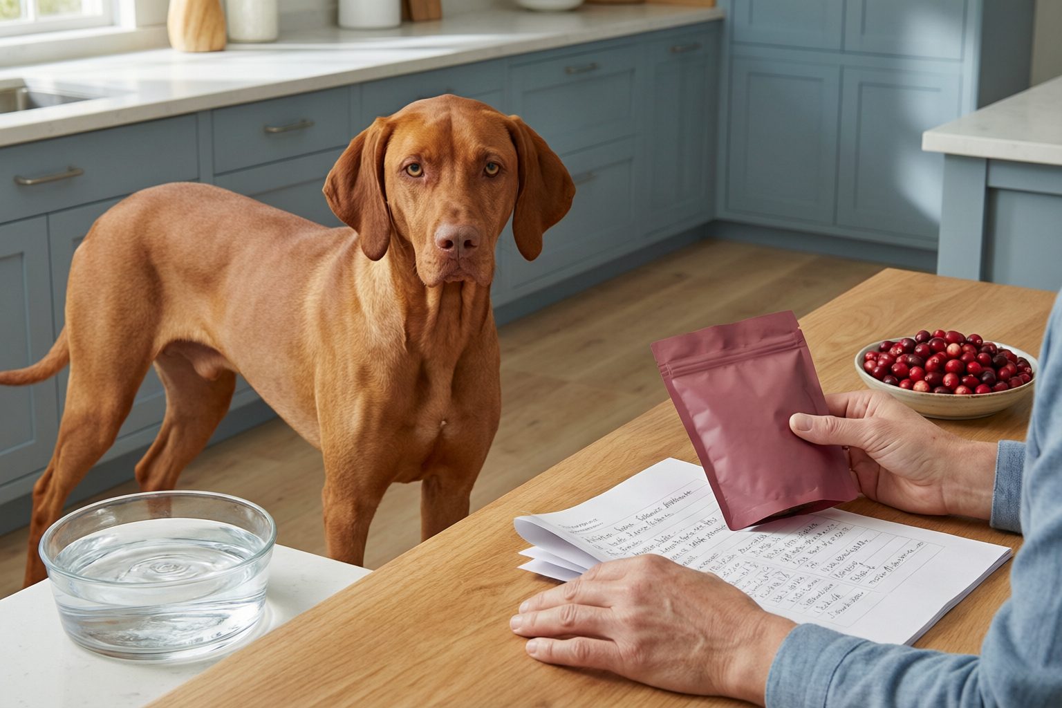 Brown dog beside a water bowl while an owner holds a plain pouch over notes, with cranberries on the table.