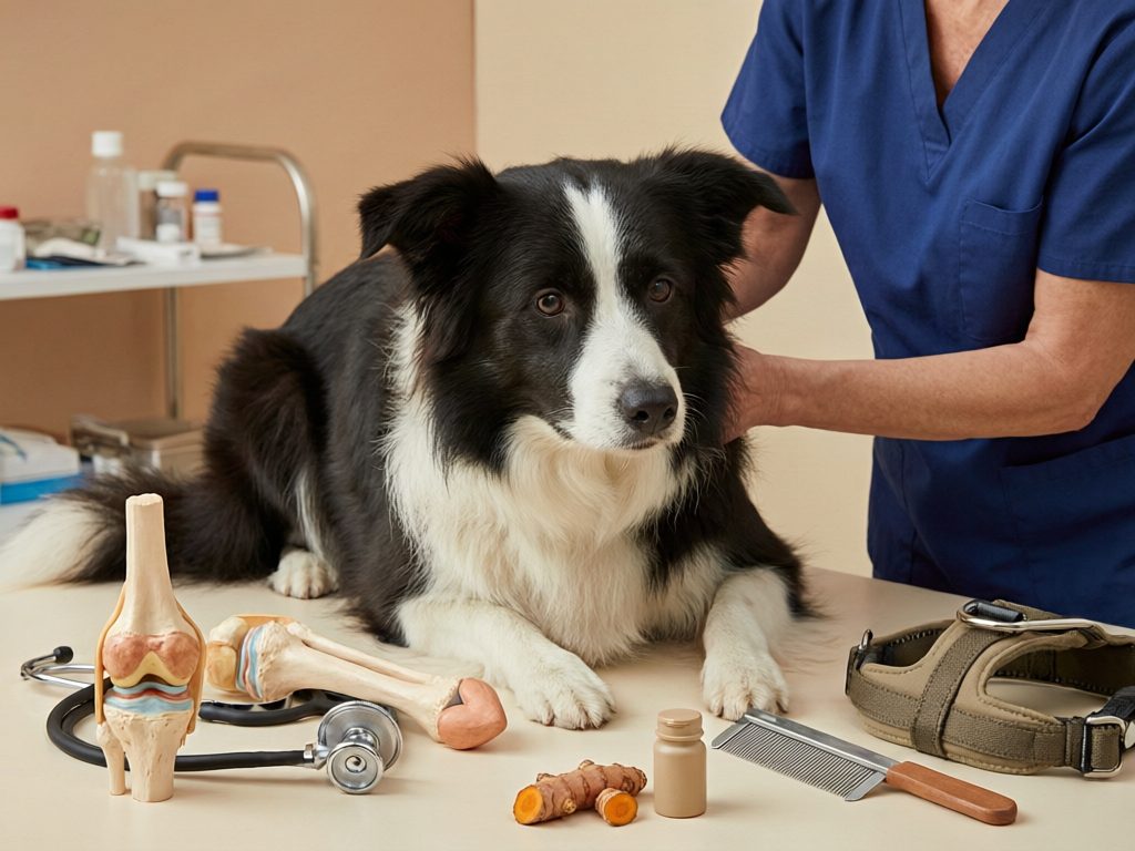Illustration of a border collie on a veterinary examination table beside joint models, a stethoscope, harness, grooming comb, turmeric roots, and a bottle.