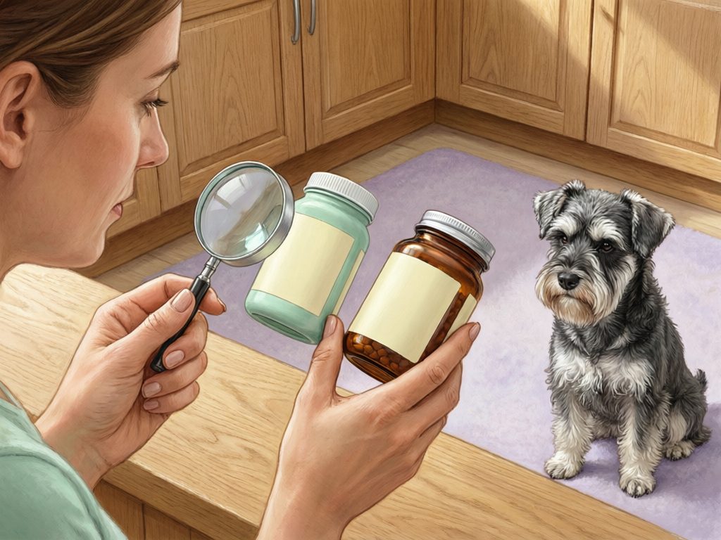 Illustration of a schnauzer on a mat while a person uses a magnifying glass to inspect two plain-labeled bottles.