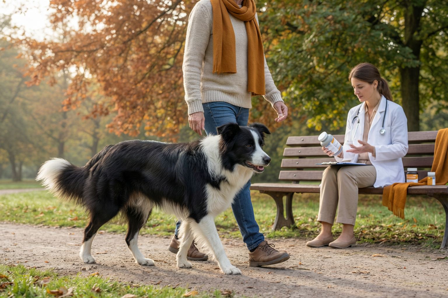 Illustration of a border collie walking beside a person in a park, with a veterinarian seated on a bench holding a bottle and paperwork.