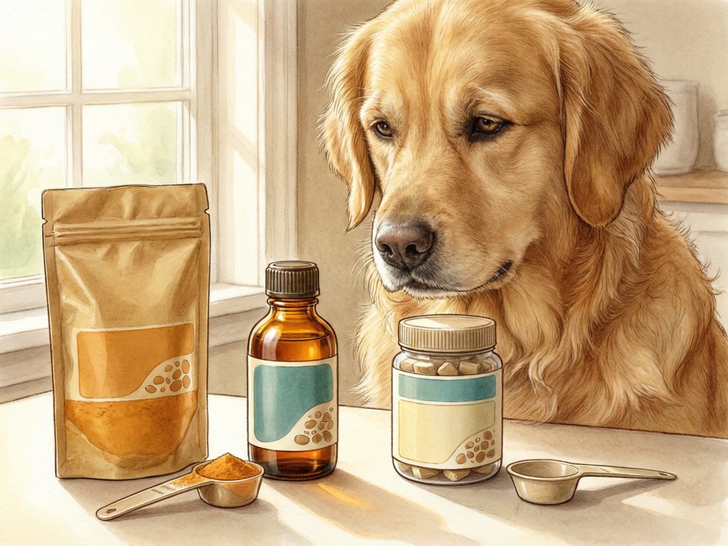 Illustration of a golden retriever behind a powder pouch, amber bottle, jar of chews, and measuring spoons.