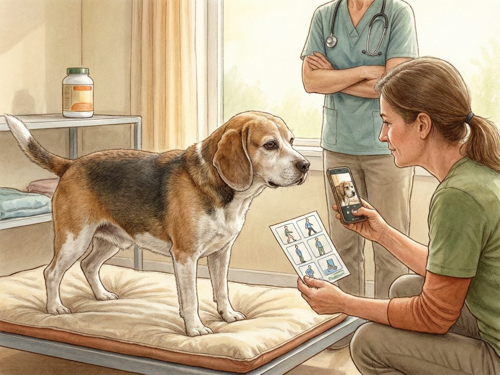 Illustration of a graying beagle on a cushioned mat while a caregiver holds a phone and mobility illustrations, with a veterinarian nearby.