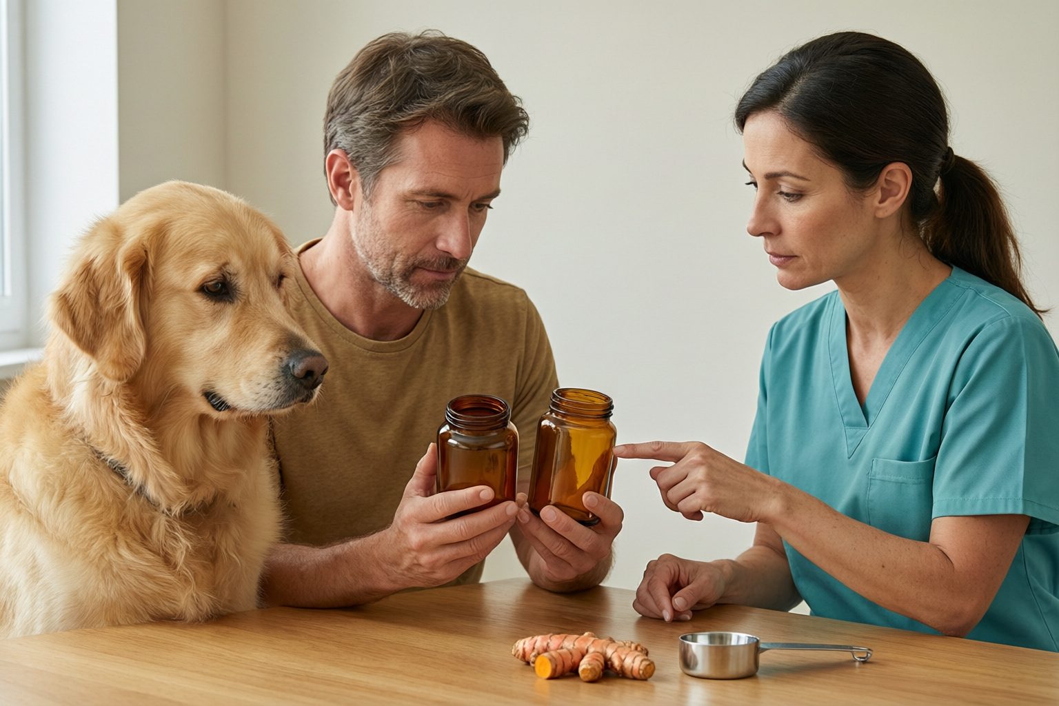 Illustration of an owner comparing open amber jars with a veterinary worker beside a golden retriever, with turmeric roots and a measuring cup nearby.