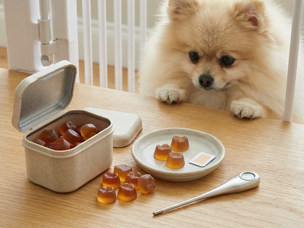 Illustration of orange gummies in an open tin, on a plate, and scattered on a table, with a small fluffy dog watching from behind a gate.