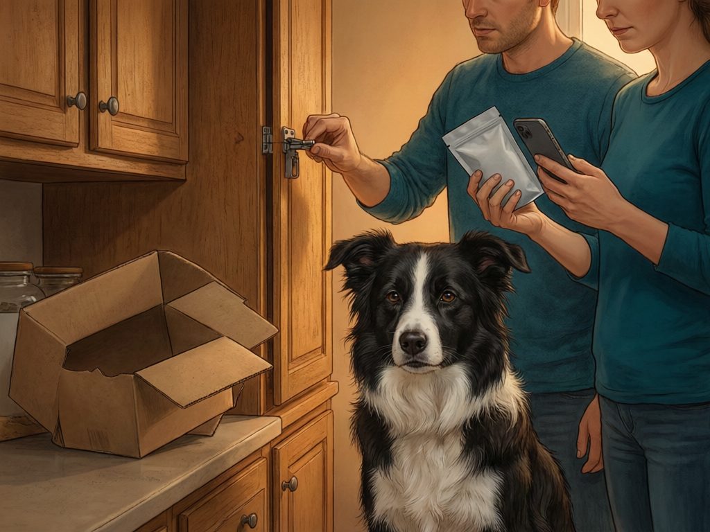 Illustration of one person fastening a cabinet latch while another holds a pouch and phone beside a black-and-white dog.