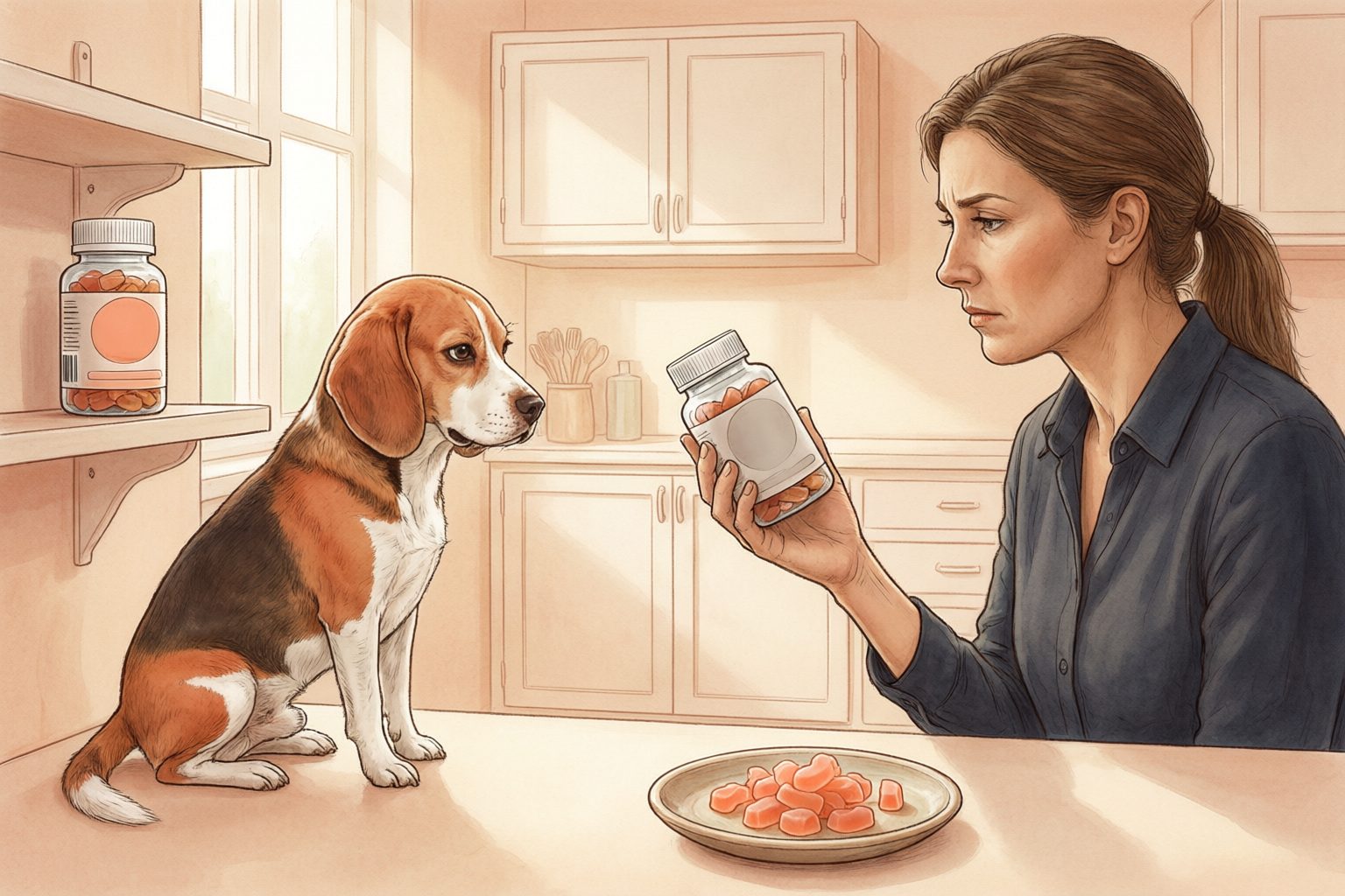 Illustration of a person reading a gummy bottle beside a seated beagle and a plate of orange gummies on a kitchen counter.