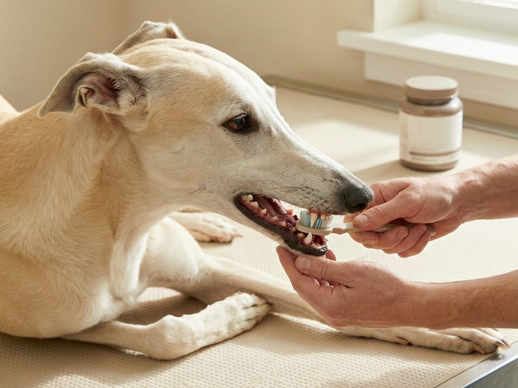 Person brushing a cream-colored dog's teeth while supporting its lower jaw.