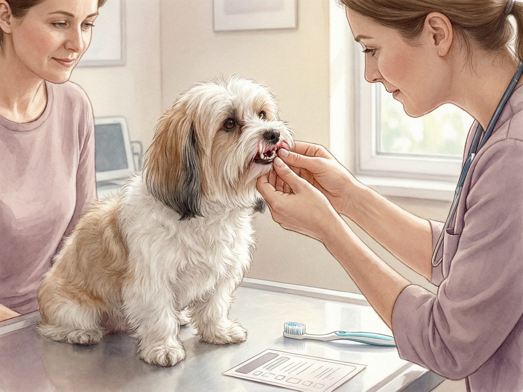 Illustration of a veterinarian lifting a small shaggy dog's lip to examine its teeth while the owner watches.
