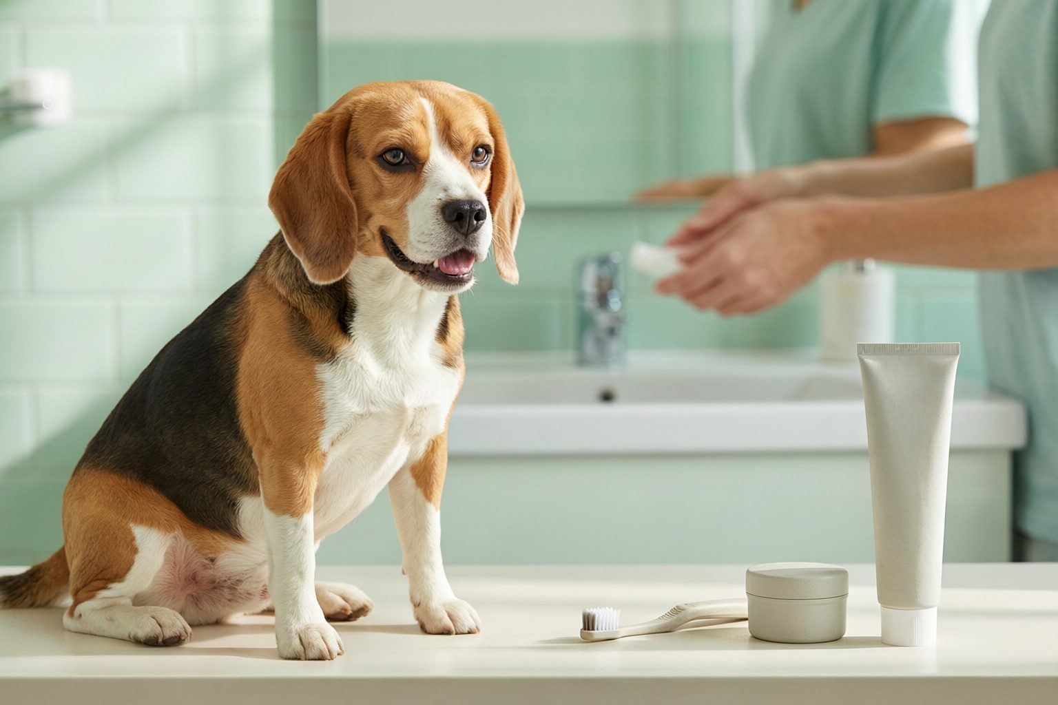 Beagle sitting beside a toothbrush, a plain tube, and a small container on a bathroom counter.