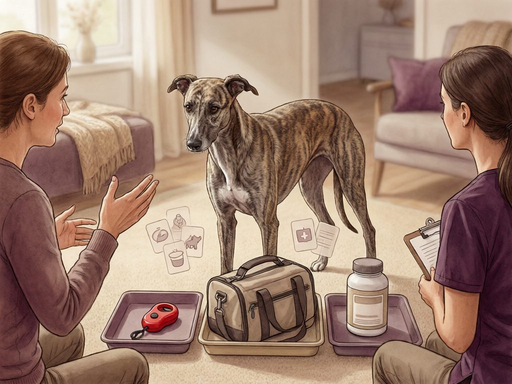 Illustration of a brindle sighthound between two people discussing a handoff, with a bag, leash, bottle, clipboard, and illustrated reminder cards nearby.