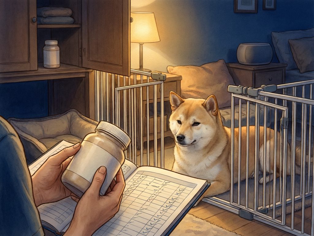 Illustration of a red dog behind gates in a dim room while a caregiver holds a supplement jar and written log, with a cupboard and speaker nearby.
