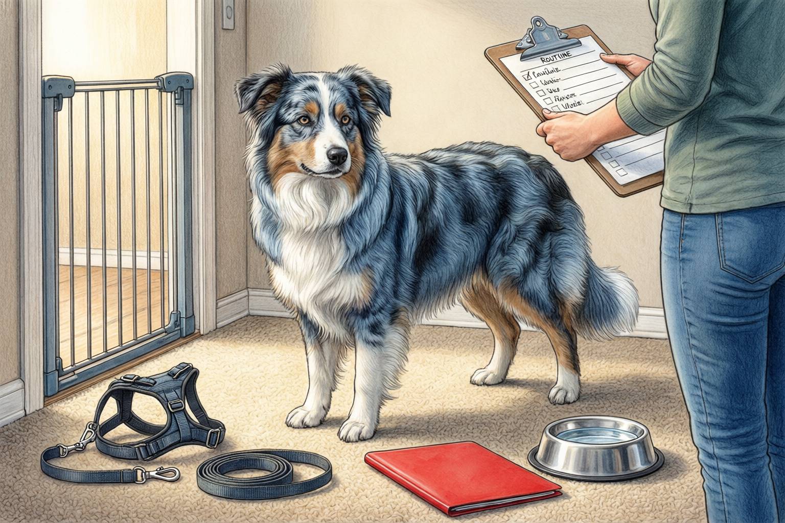 Illustration of a merle dog beside a gate, harness, leash, bowl, and folder while a caregiver holds a routine checklist.