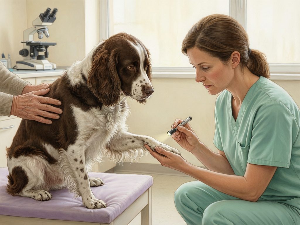 Illustration of a veterinary worker examining a brown-and-white spaniel's paw with a small light while its caregiver steadies the dog.