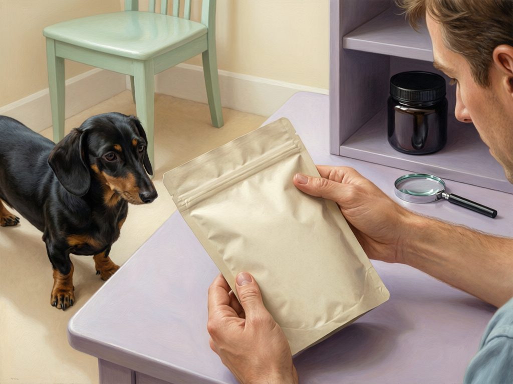 Illustration of a person inspecting a plain pouch beside a dark jar and magnifying glass while a dachshund watches.