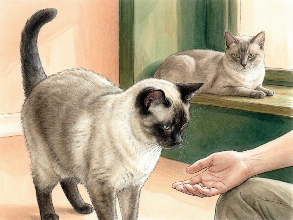 Illustration of a colorpoint cat approaching an outstretched hand with its tail raised while another cat rests behind it.