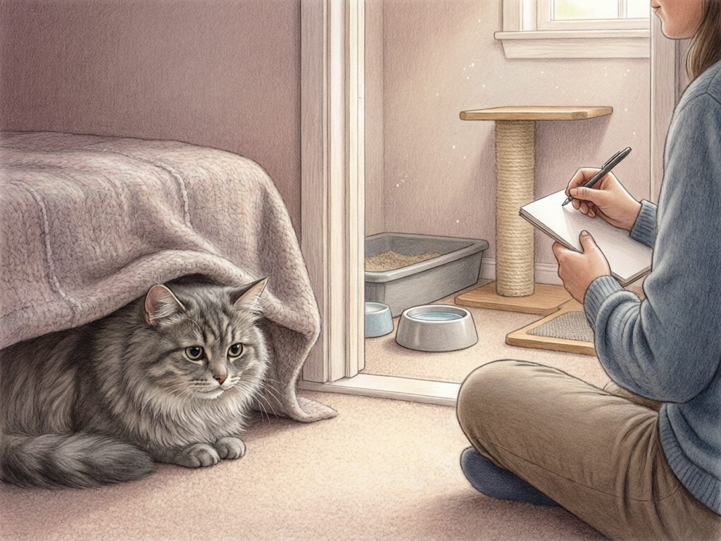 Illustration of an owner writing notes at a distance from a cat beneath a draped chair, with bowls, a litter box, and scratching post nearby.