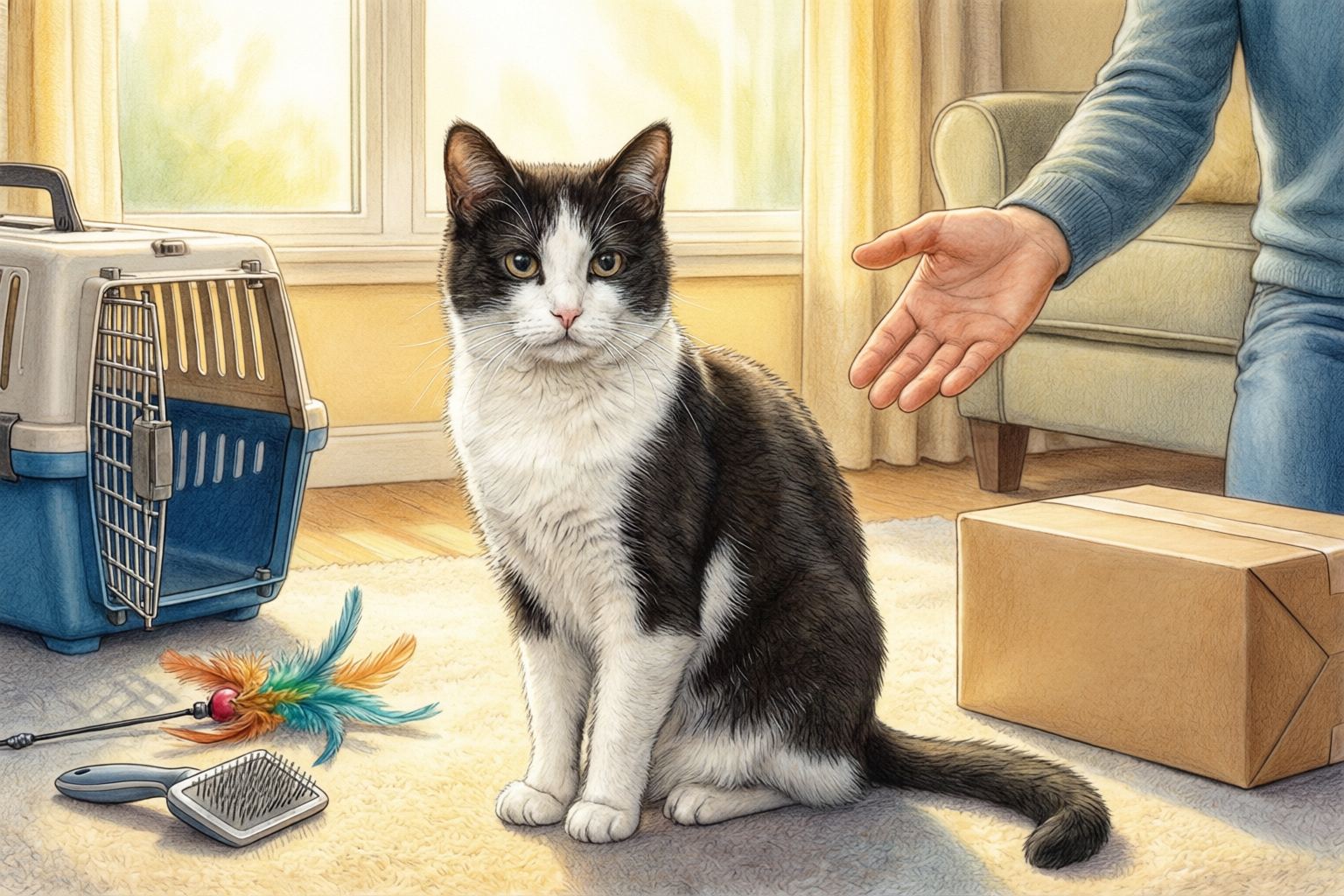 Illustration of a black-and-white cat beside an open carrier, toys, brush, and box as a person offers an open hand.