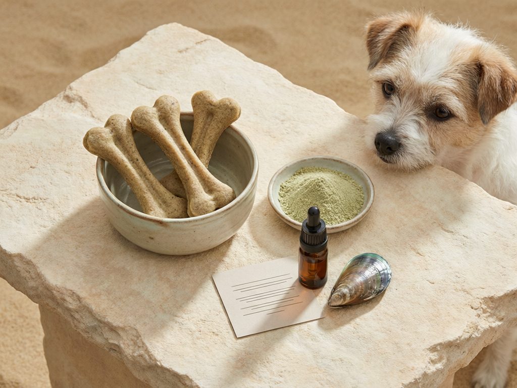 Illustration of bone-shaped chews, green powder, an amber dropper bottle, and a mussel shell on a table beside a small dog.