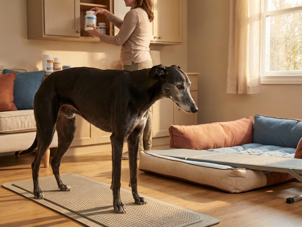 Illustration of a gray-muzzled dark dog standing on a textured mat near a bed and ramp while a person handles a bottle at a cabinet.