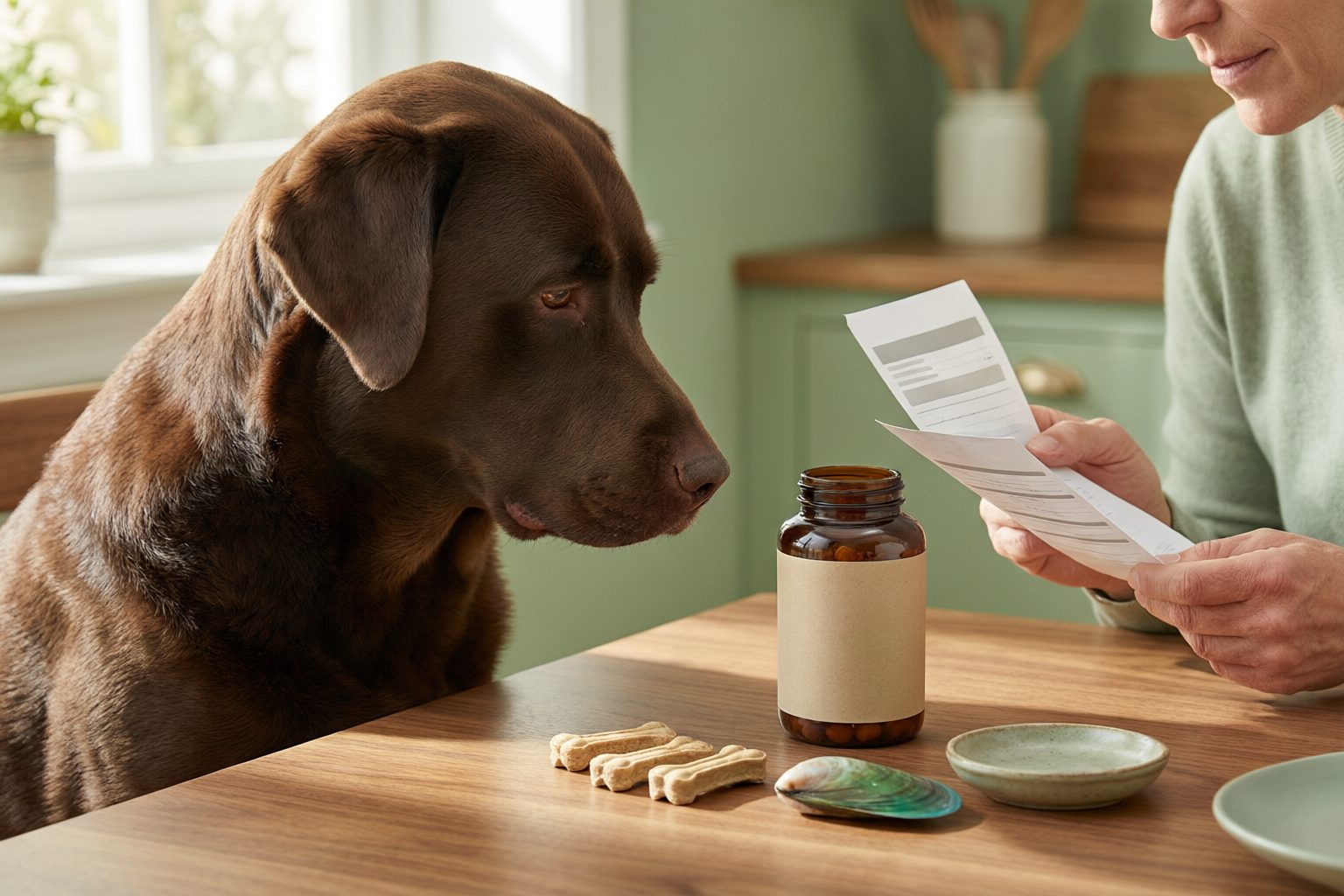 Illustration of a chocolate Labrador beside a plain jar, bone-shaped chews, and a mussel shell while a person reads printed information.