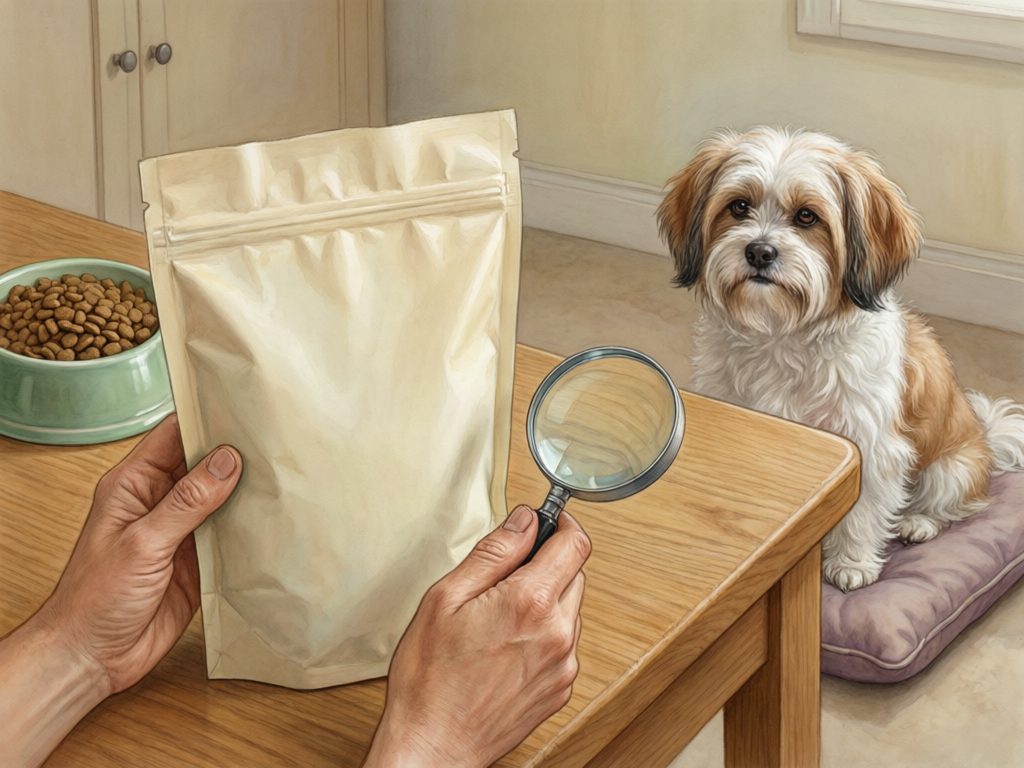 Illustration of hands holding a plain food pouch and magnifying glass while a small long-coated dog watches, with a kibble bowl nearby.