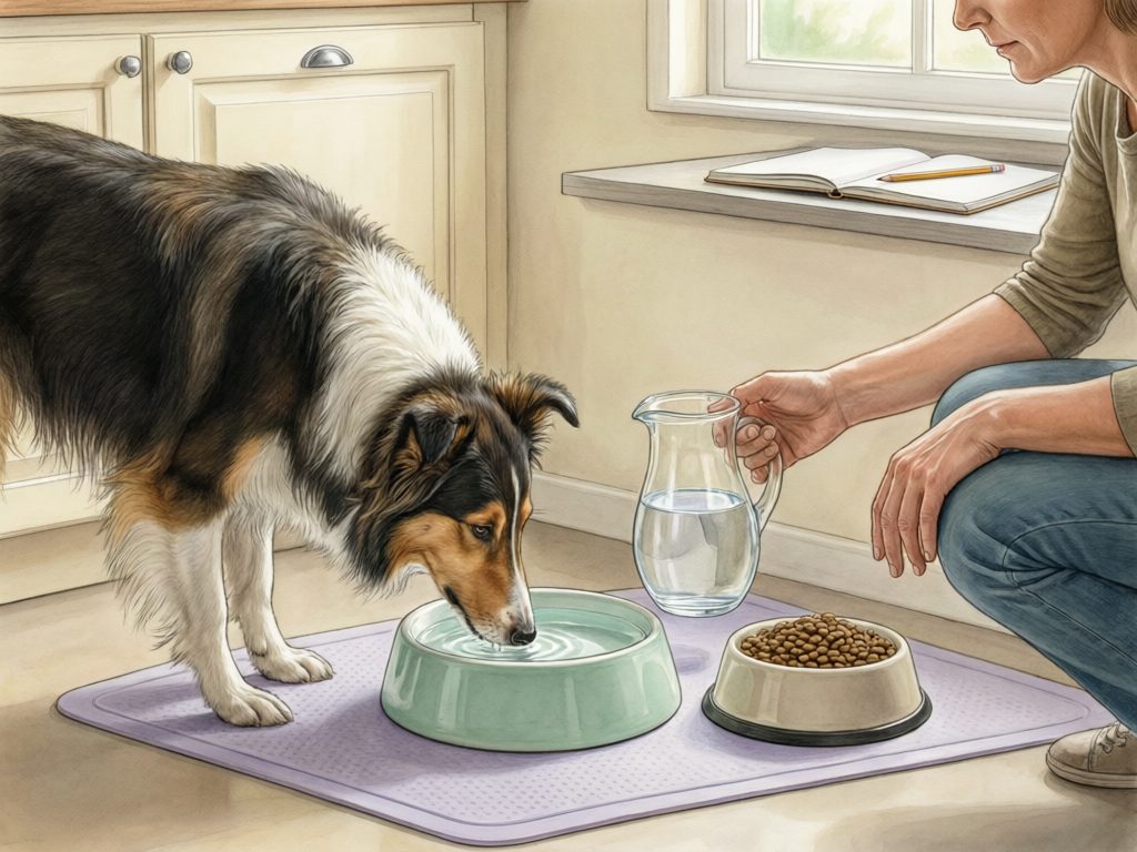 Illustration of a tricolor collie drinking from a water bowl while a caregiver holds a water jug, with kibble and an open notebook nearby.