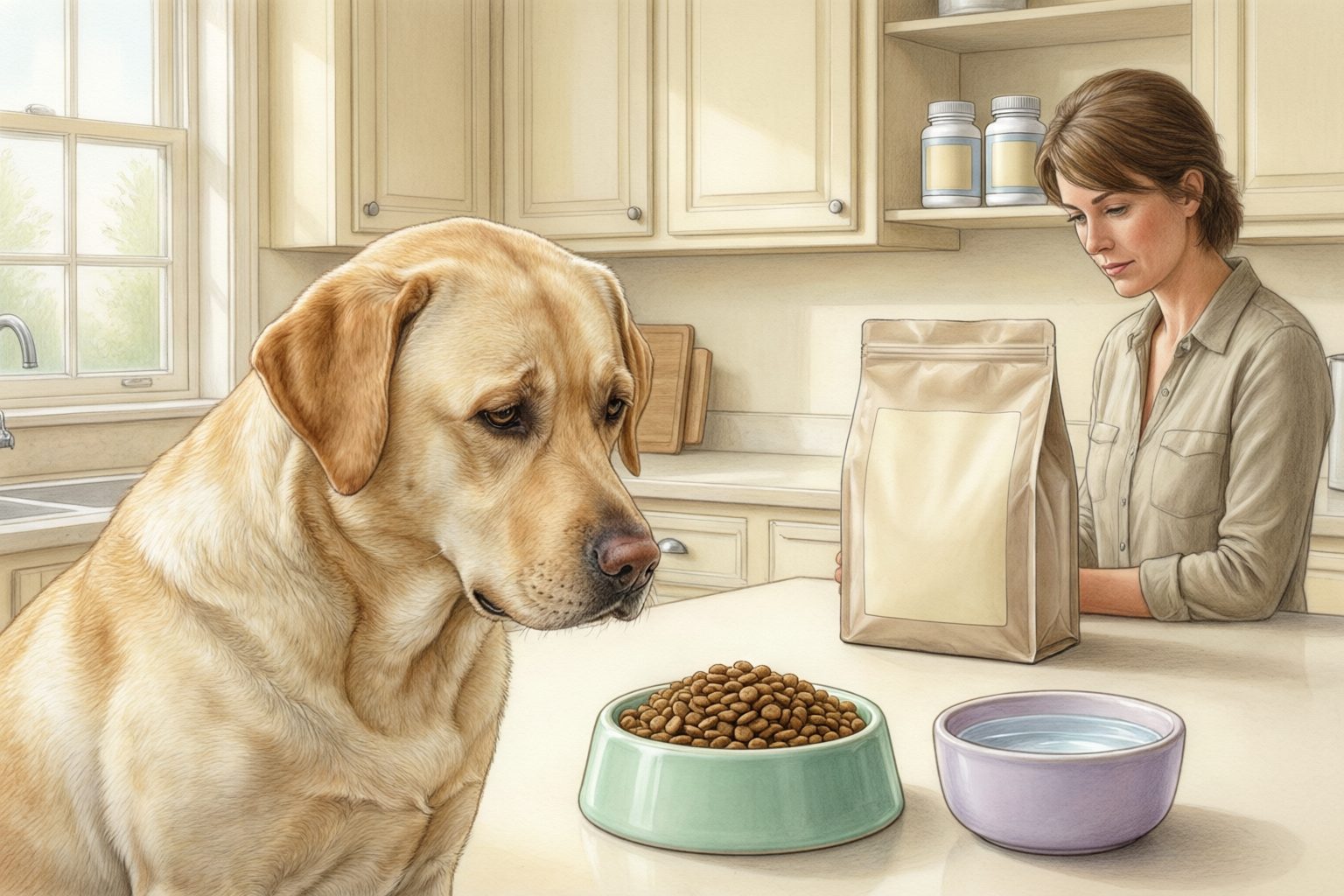Illustration of a yellow Labrador beside bowls of kibble and water while a caregiver reviews a plain food pouch in a kitchen.