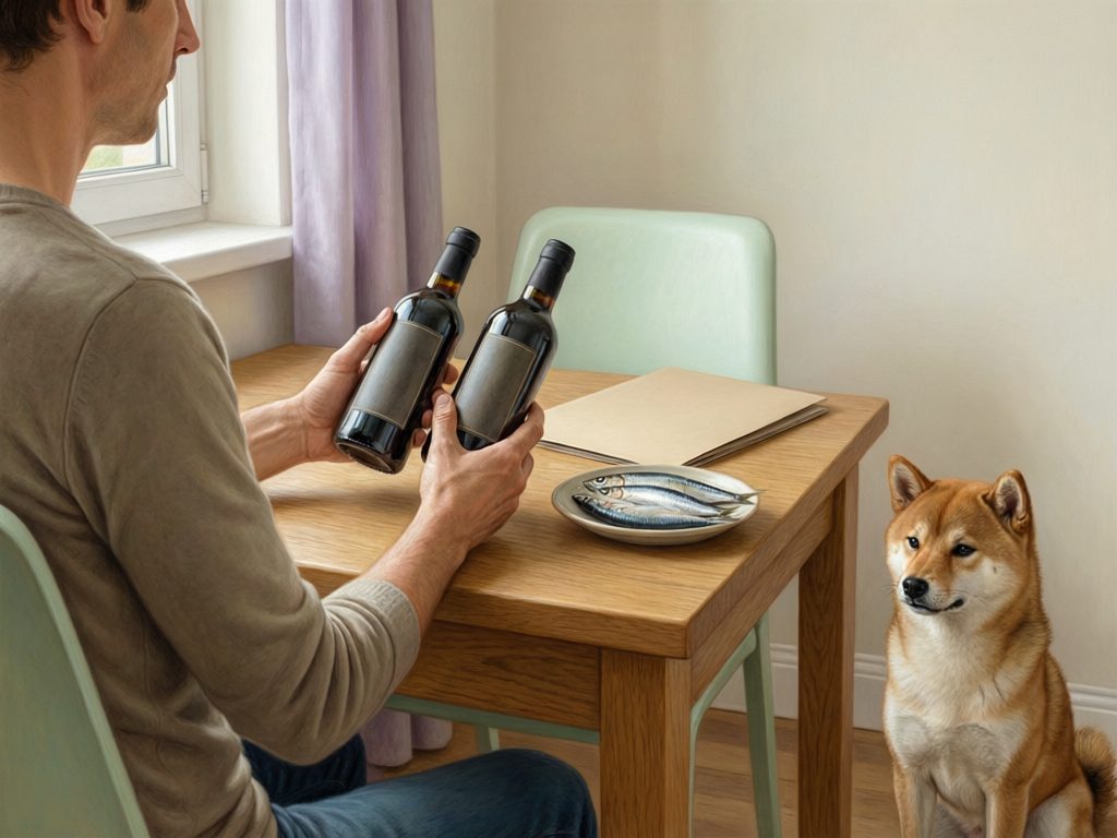 Illustration of a person comparing two dark bottles at a table with a plate of fish while a reddish dog sits nearby.