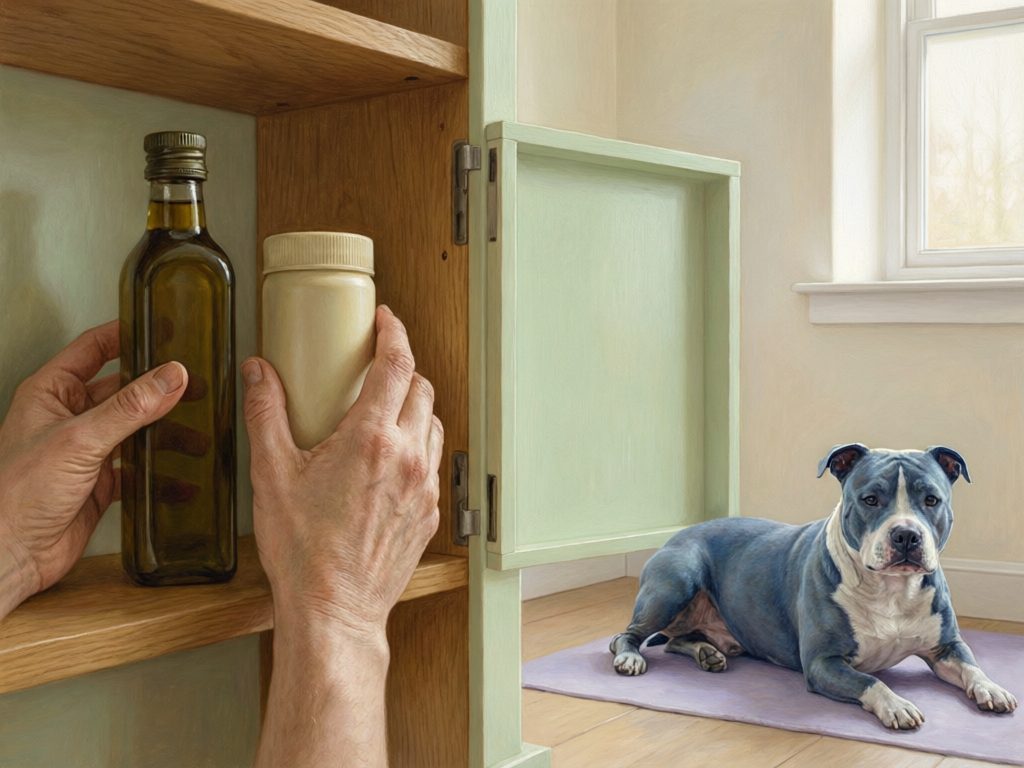 Illustration of hands placing a dark bottle and a light-colored bottle in a cabinet while a gray-and-white dog rests on a mat.