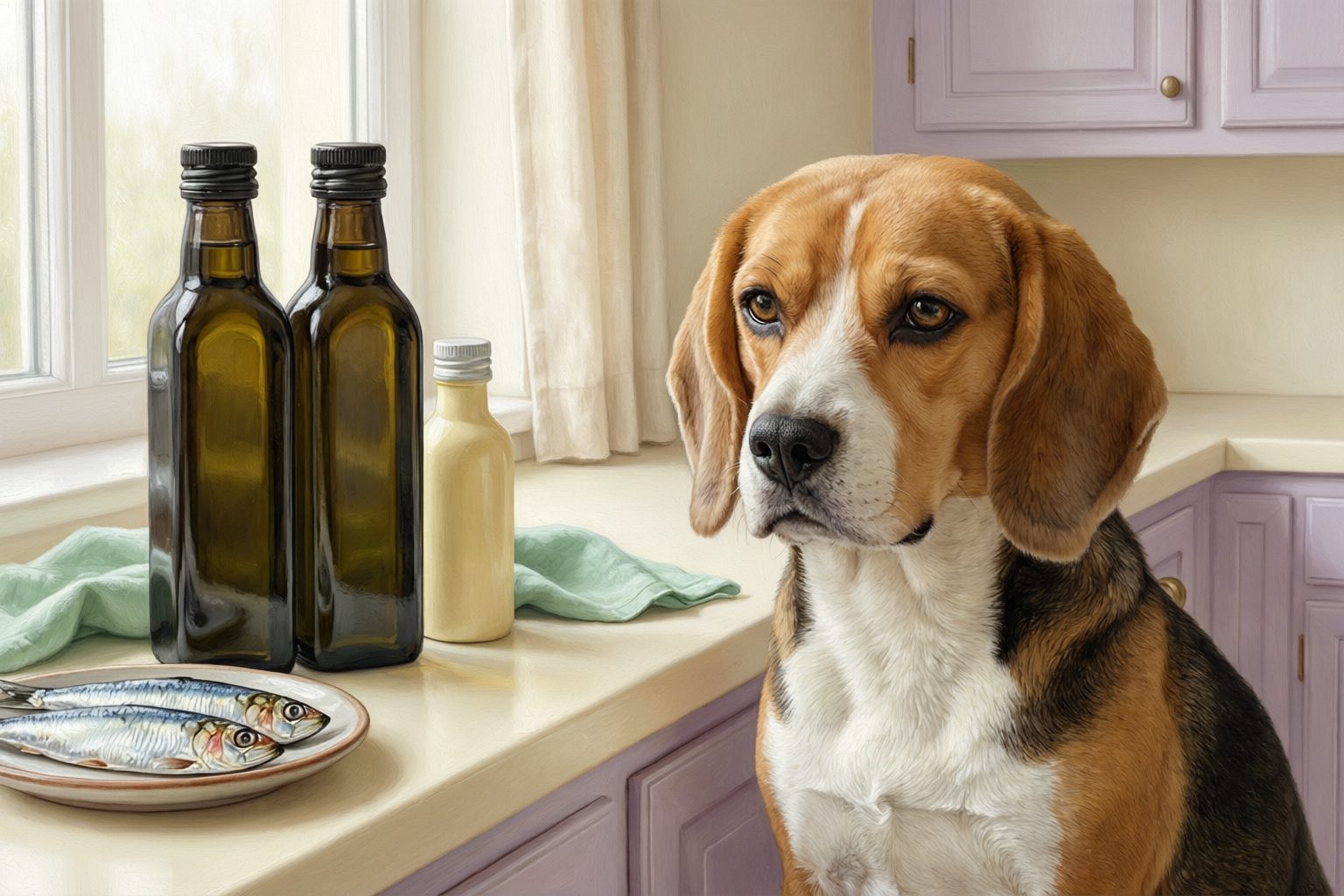 Illustration of a beagle beside dark and light bottles and a plate of whole fish on a kitchen counter.