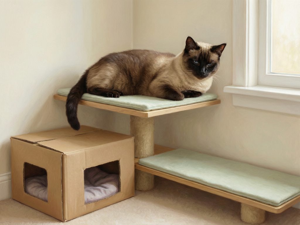 Illustration of a dark-pointed cat resting on an elevated cushioned platform beside a lower platform and a cardboard hideaway with bedding.