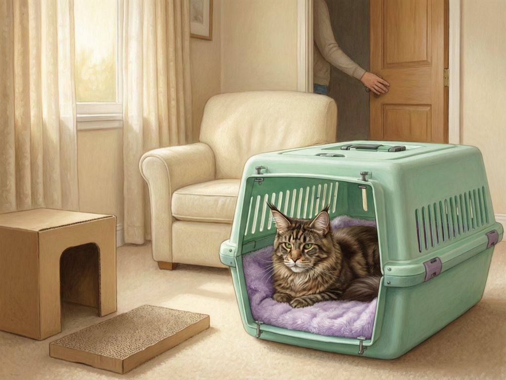 Illustration of a tabby resting inside an open carrier with purple bedding beside a cardboard hideaway and scratching pad, while a person holds a door in the background.