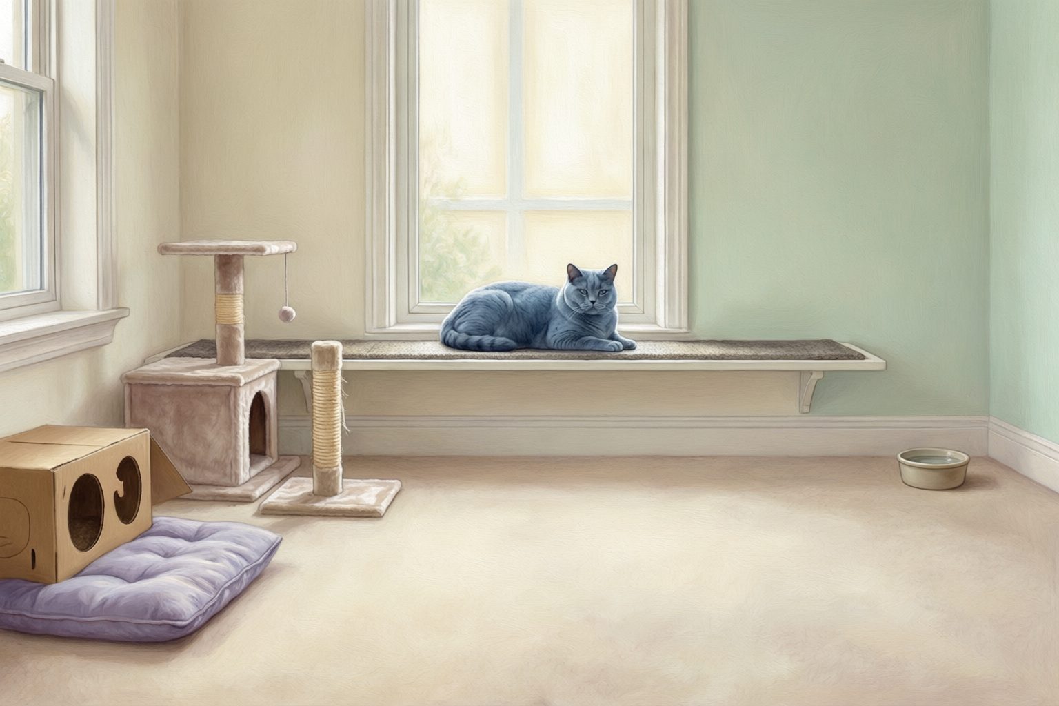 Illustration of a gray cat resting on a window shelf beside a cat tree, scratching post, cardboard hideaway, floor cushion, and water bowl.