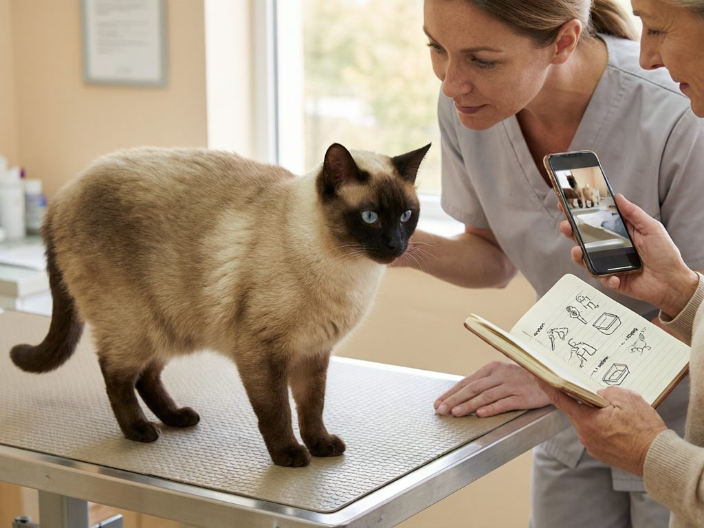 Illustration of a colorpoint cat on an examination table while a clinician and caregiver review a phone and notebook.