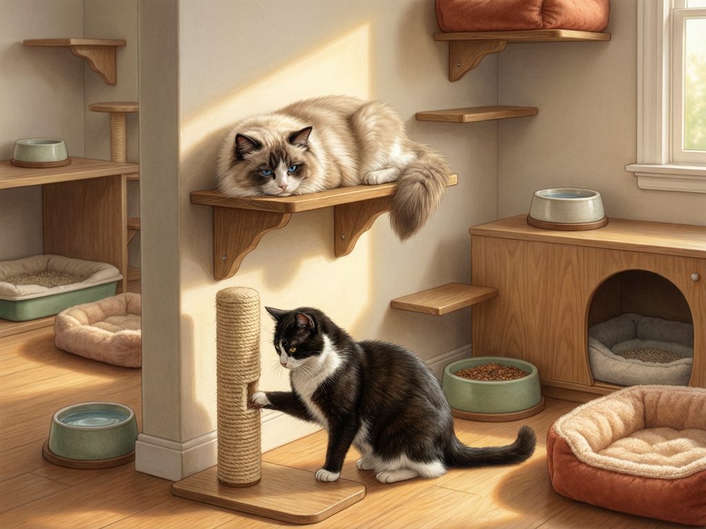 Illustration of two cats among wall shelves, a scratching post, several bowls and beds, steps, and an enclosed resting space.