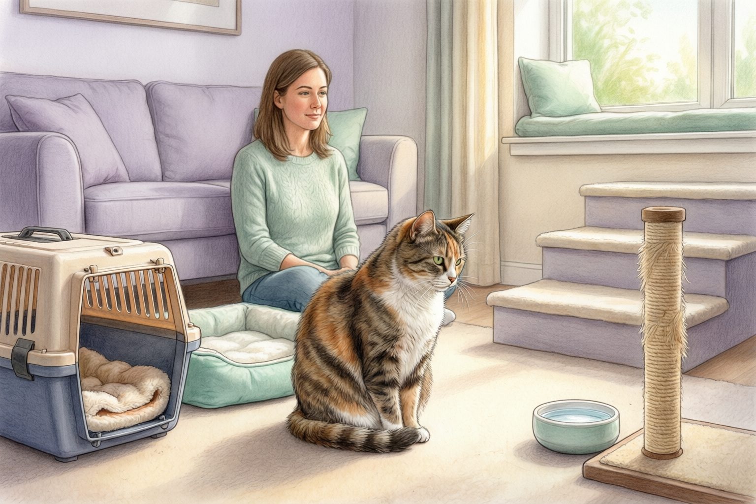 Illustration of a cat beside a caregiver, an open carrier with bedding, a bed, water bowl, scratching post, and upholstered steps.