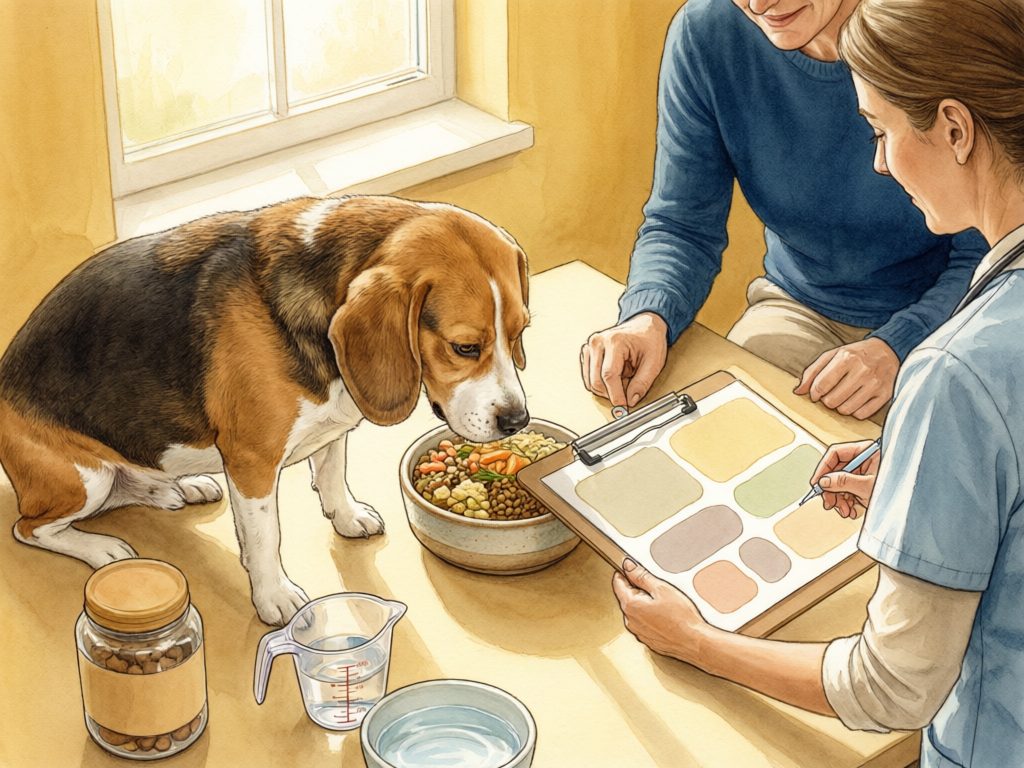 Illustration of an owner and veterinary professional reviewing a clipboard beside a beagle, food bowl, measuring jug, and treat jar.