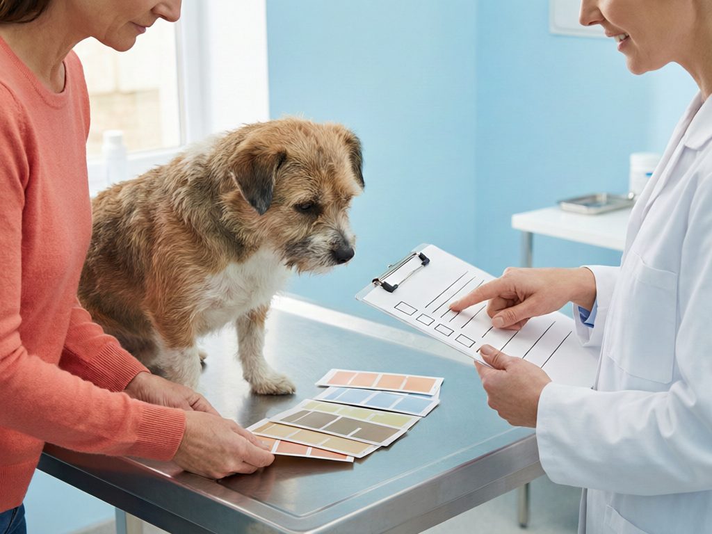 Illustration of a veterinarian discussing a checklist with an owner beside a small terrier and printed cards.