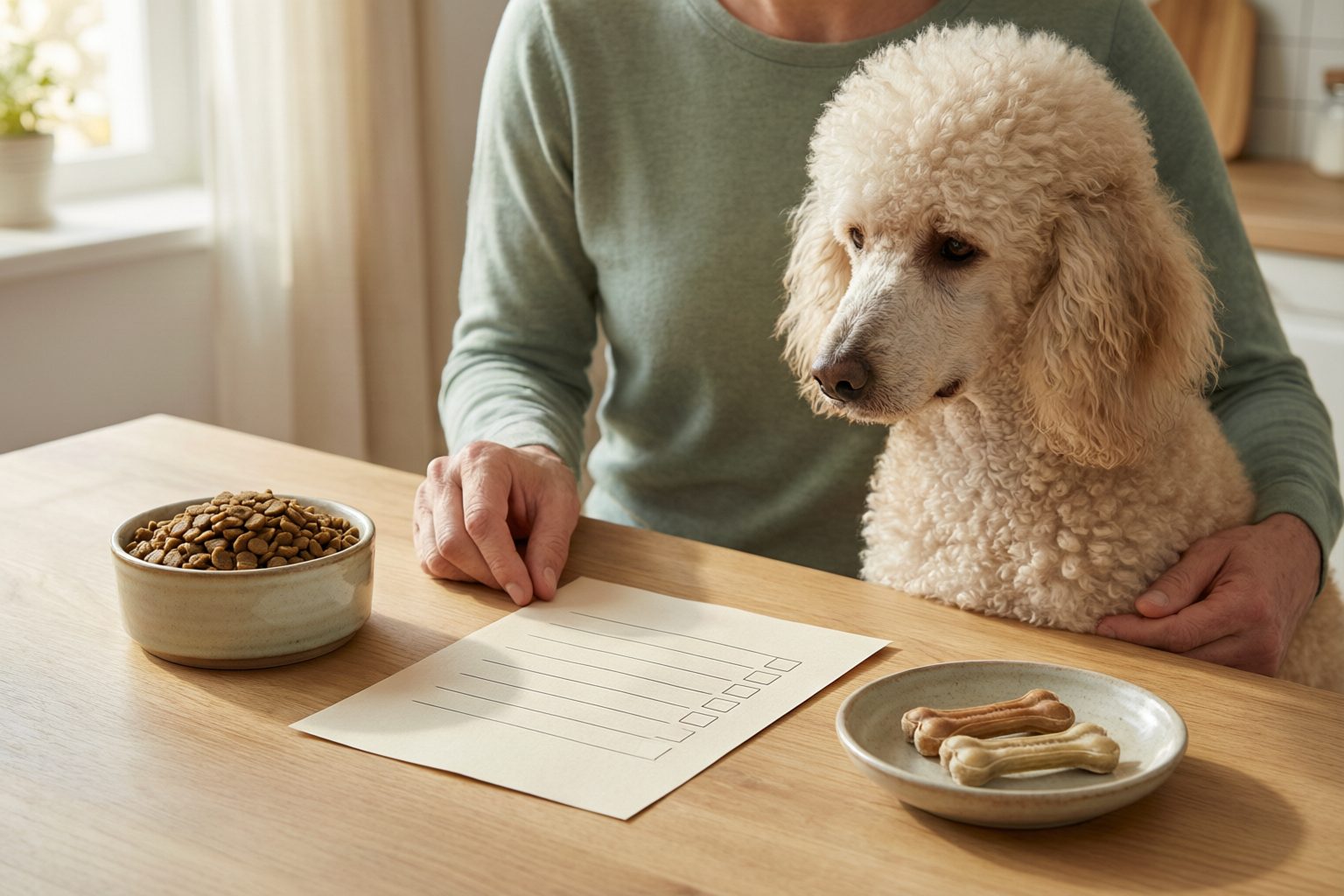 Owner holding a cream poodle beside a checklist, a bowl of kibble, and a plate of bone-shaped treats.
