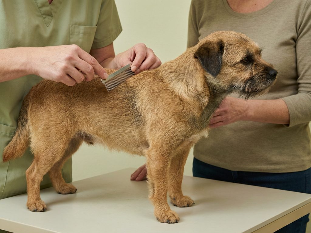 Brown terrier standing on a table while a person combs its coat and another supports it.