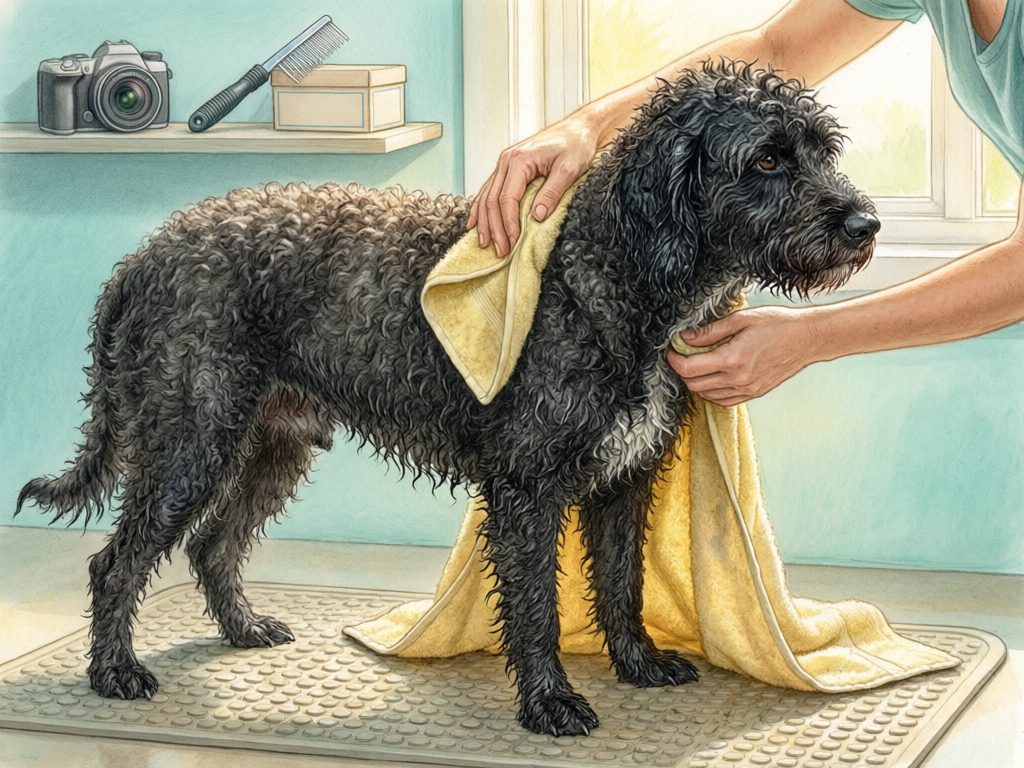 Illustration of a person towel-drying a black curly-coated dog standing on a textured mat.
