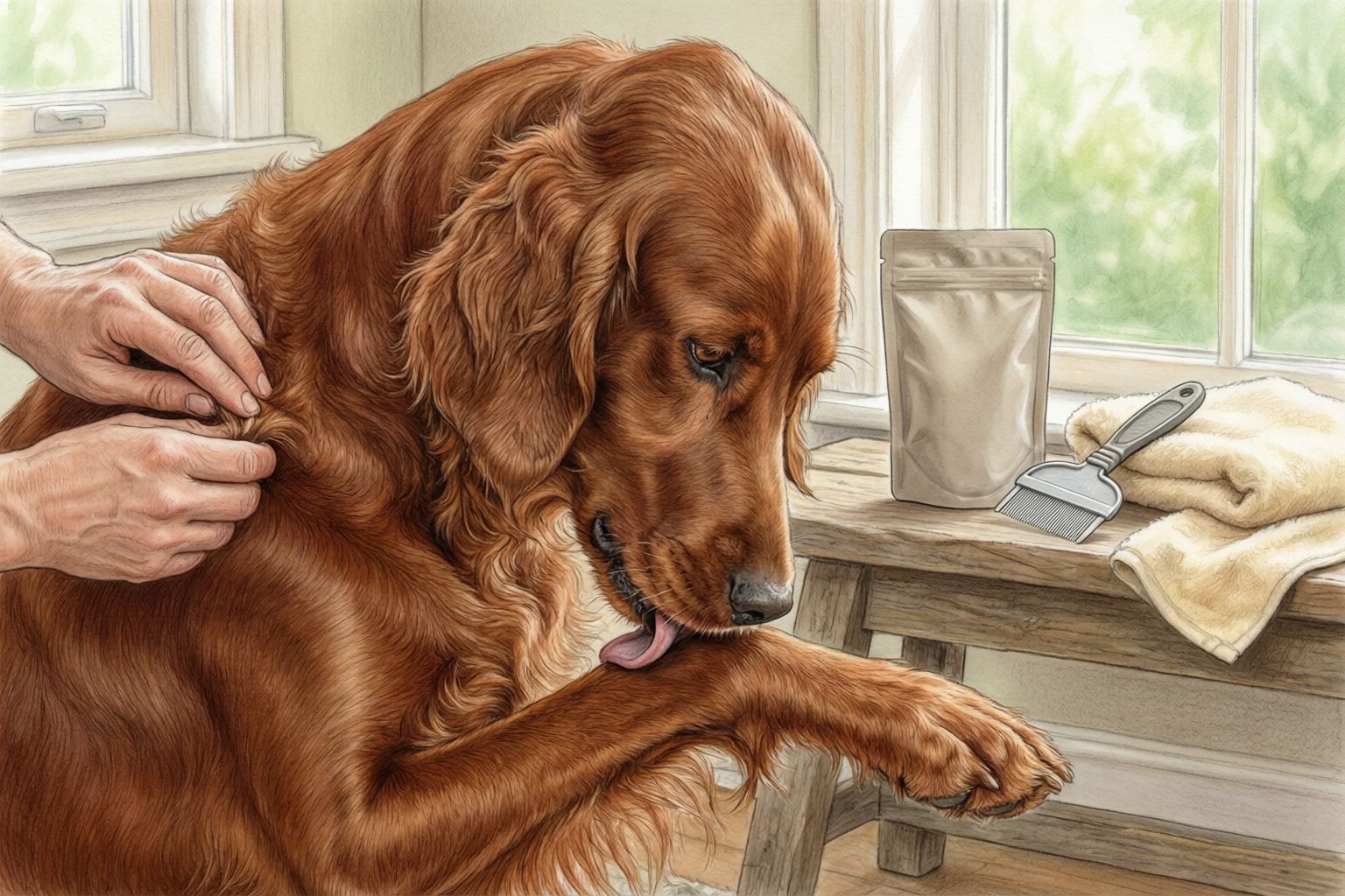 Illustration of a red-coated dog licking its foreleg while a person parts the fur on its shoulder.