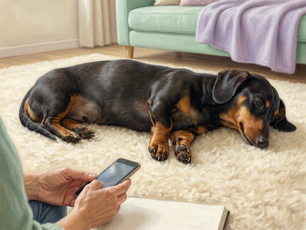 Illustration of a black-and-tan dog lying on a rug while a person holds a phone beside an open notebook.