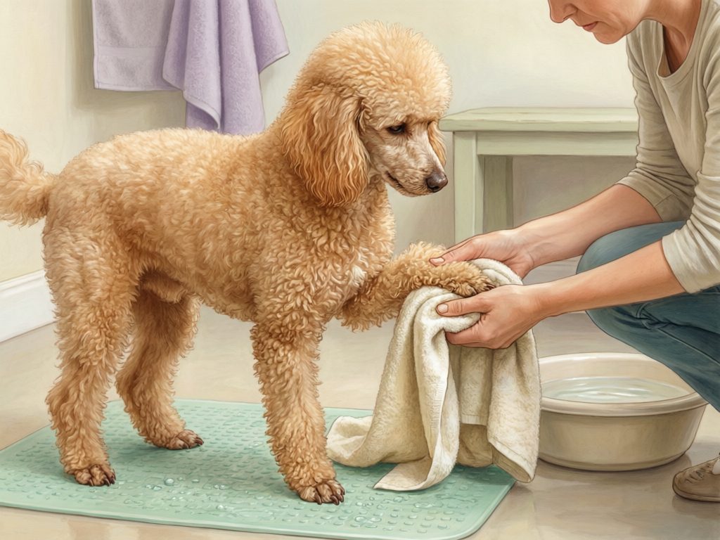 Illustration of a person drying a poodle's front paw with a towel beside a basin of water.