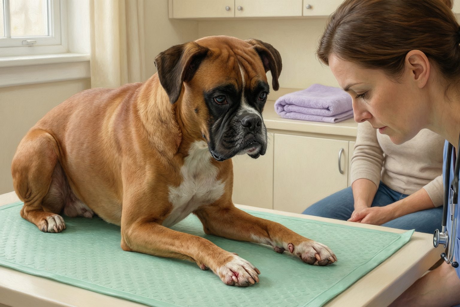 Illustration of a boxer with red patches on its front paws lying on an examination mat while a veterinarian and owner look on.