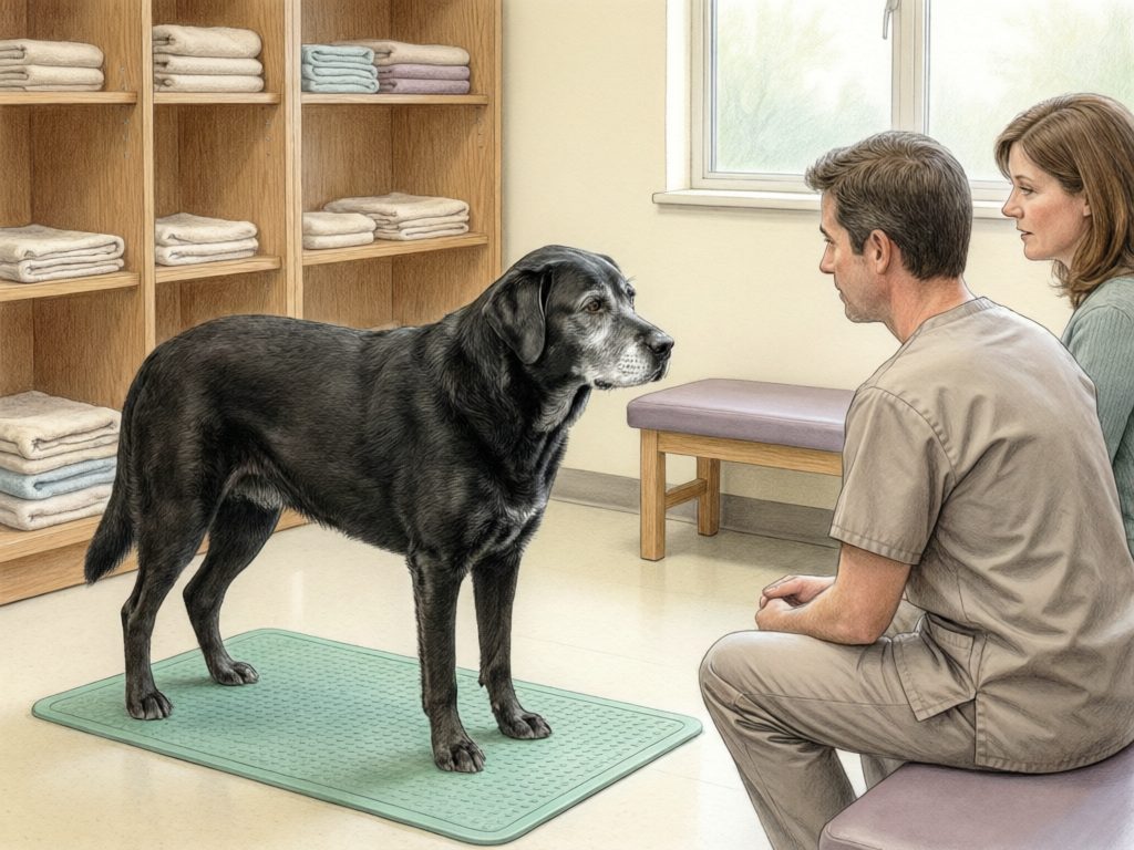 Illustration of a gray-muzzled black dog standing on a textured mat while a person in scrubs and another seated person watch.