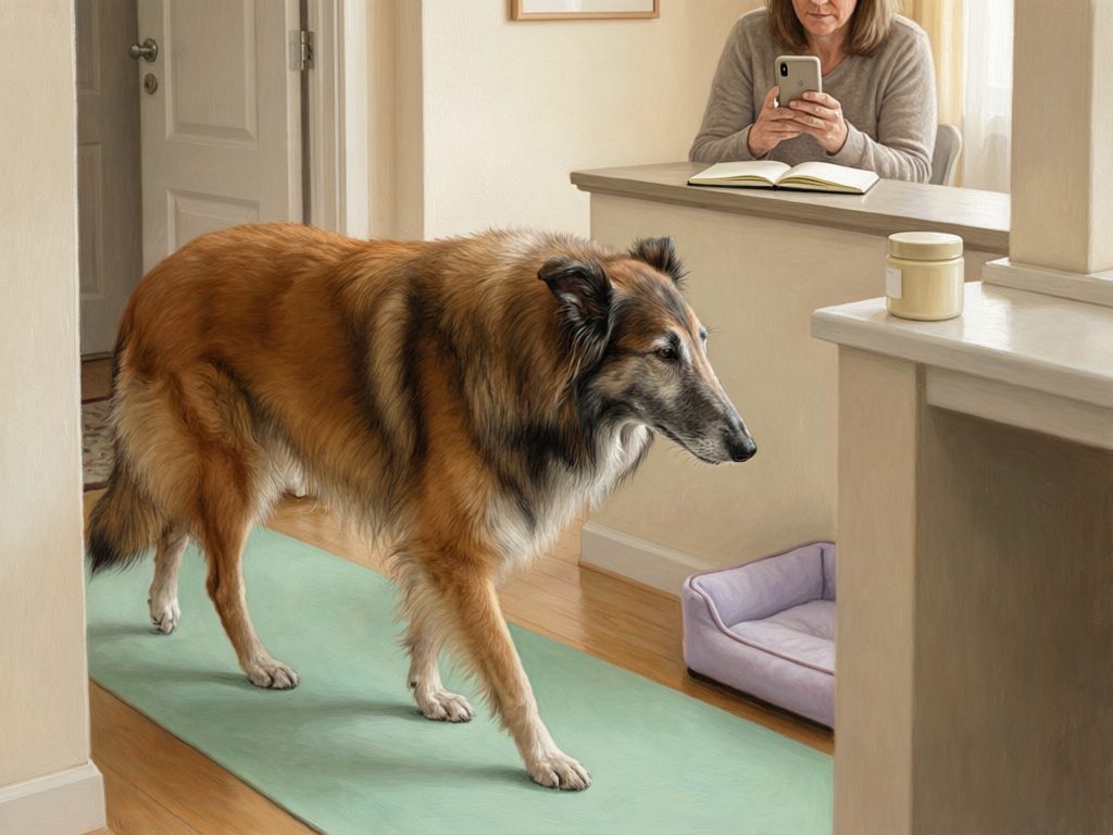 Illustration of a gray-muzzled long-haired dog walking along a floor runner while a person holds a phone beside an open notebook, with a bed and a plain jar nearby.